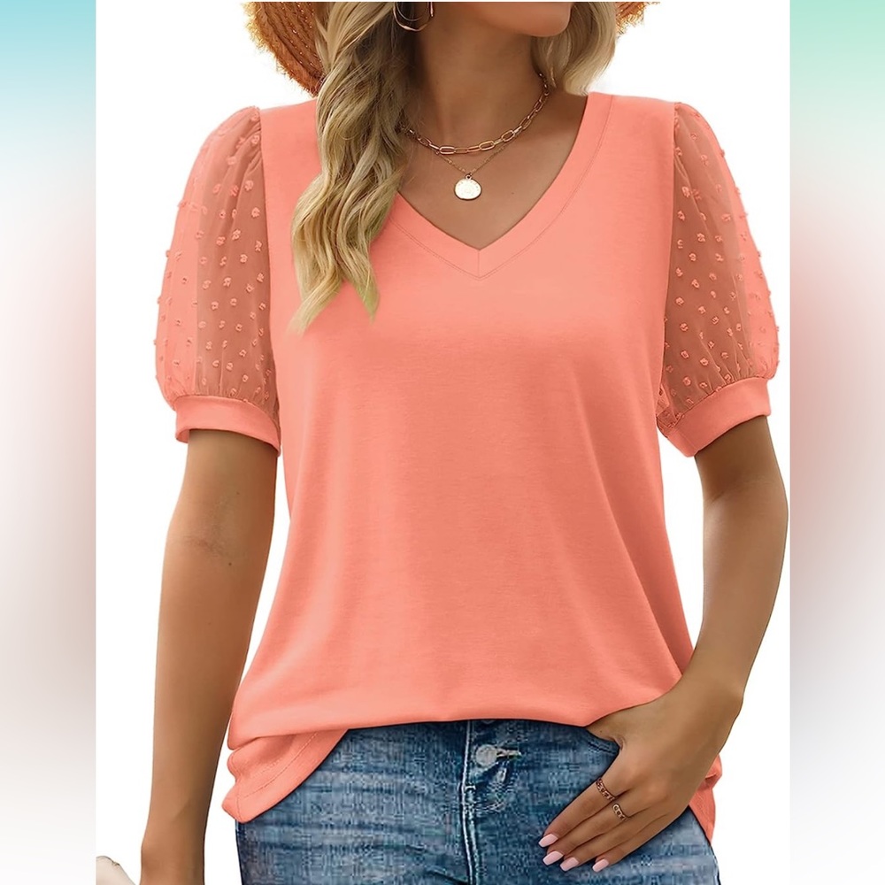 Aokosor Womens Summer Tops V Neck T Shirts Swiss Dot Puff Sleeve Tops Loose